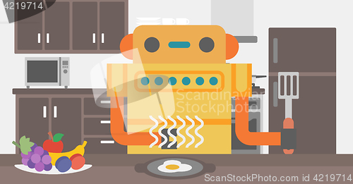 Image of Robot housewife preparing breakfast at kitchen.