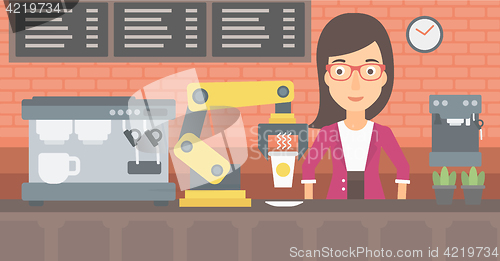 Image of Robot making coffee for a client at coffee shop.