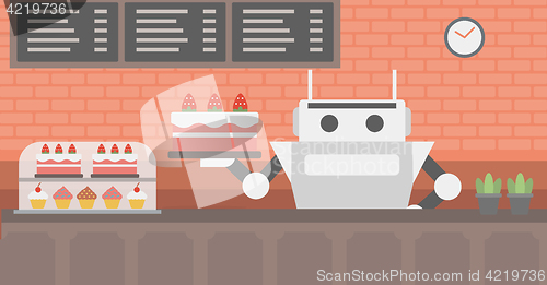 Image of Robot waiter working at pastry shop.
