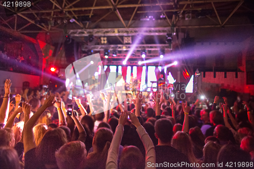 Image of The silhouettes of concert crowd in front of bright stage lights