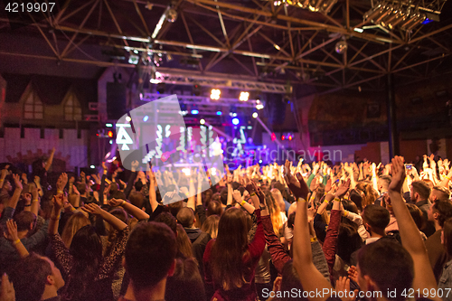 Image of The silhouettes of concert crowd in front of bright stage lights