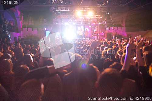 Image of The silhouettes of concert crowd in front of bright stage lights