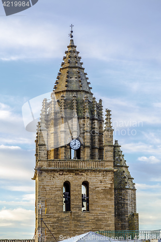 Image of church bell tower Late 16th century late Gothic building of San Esteban built in the village of Loarre Aragon Huesca Spain