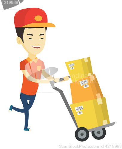 Image of Delivery postman with cardboard boxes on trolley.