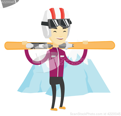 Image of Man holding skis vector illustration.