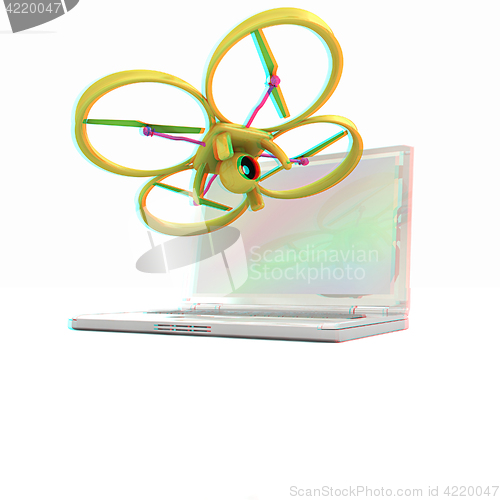 Image of Drone and laptop. 3D render. Anaglyph. View with red/cyan glasse