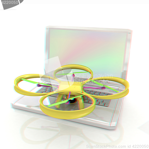 Image of Drone and laptop. 3D render. Anaglyph. View with red/cyan glasse