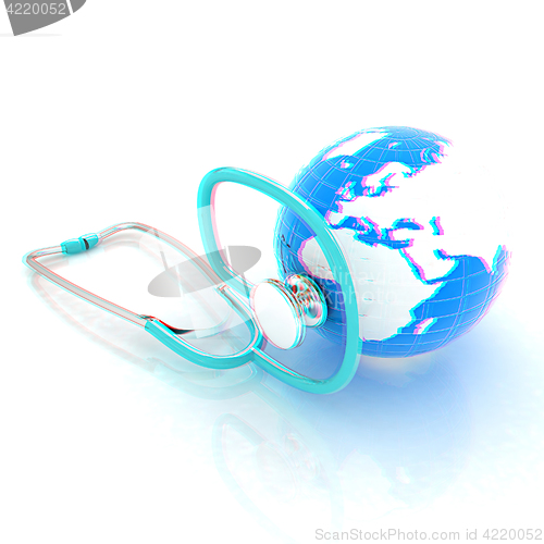 Image of stethoscope and globe.3d illustration. Anaglyph. View with red/c