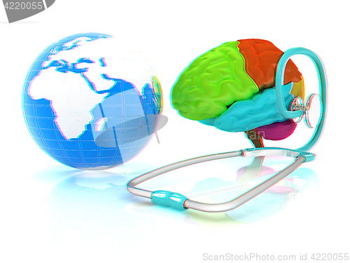 Image of stethoscope, globe, brain - global medical concept. 3d illustrat