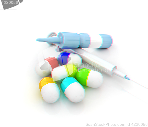 Image of Syringe, tablet, pill jar. 3D illustration. Anaglyph. View with 