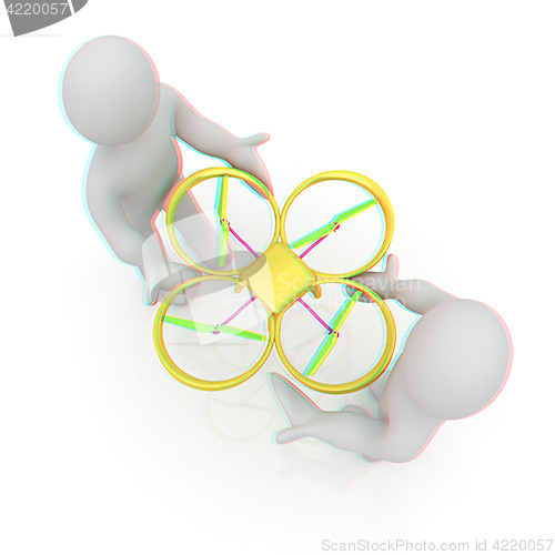 Image of 3d man with drone, quadrocopter, with photo camera. 3d render. 3