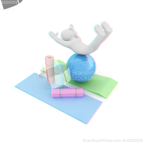 Image of 3d man on a karemat with fitness ball. 3D illustration. Anaglyph