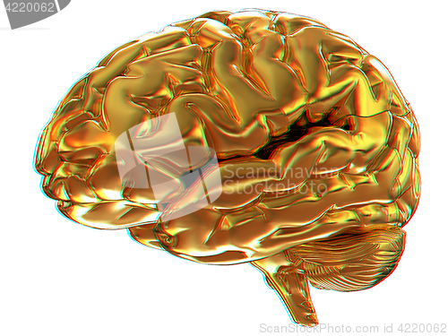Image of Gold brain. 3d render. Anaglyph. View with red/cyan glasses to s