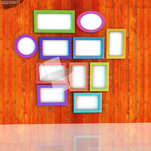 Image of Mock up picture frames on wood wall. 3d illustration. Anaglyph. 