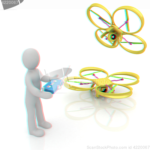 Image of 3d man with drone, quadrocopter, with photo camera. 3d render. 3