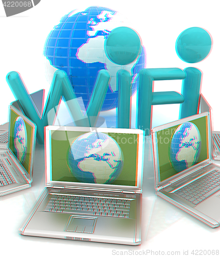 Image of Global concept of  WiFi connectivity between laptops. 3d render.