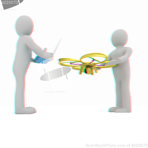 Image of 3d man with drone, quadrocopter, with photo camera. 3d render. 3