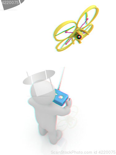 Image of 3d man with drone, quadrocopter, with photo camera. 3d render. 3