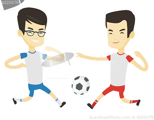 Image of Two male soccer players fighting for ball.