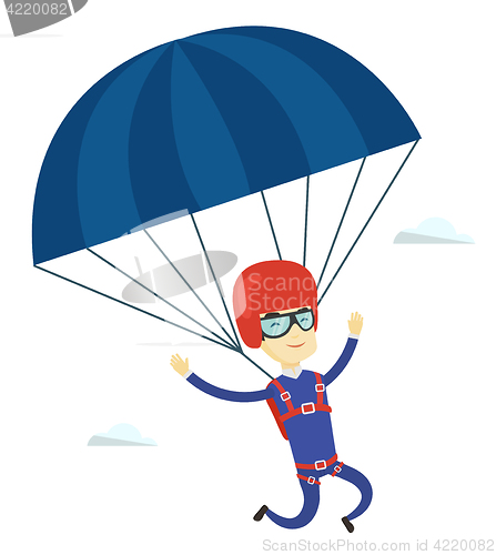 Image of Young happy man flying with parachute.