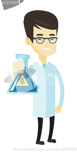 Image of Scientist holding flask with biohazard sign.