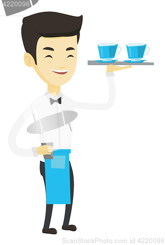 Image of Waiter holding tray with cups of coffeee or tea.