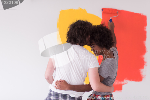 Image of multiethnic couple painting interior wall