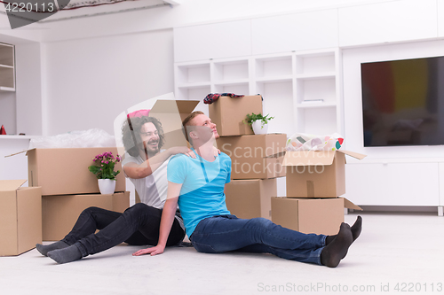 Image of young  gay couple moving  in new house