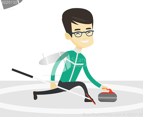 Image of Curling player playing curling on curling rink.