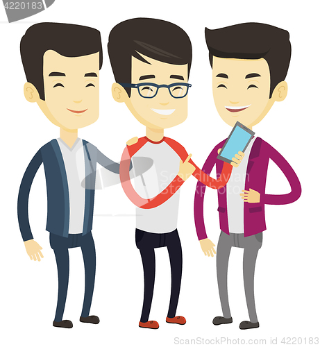 Image of Three smiling friends looking at mobile phone.
