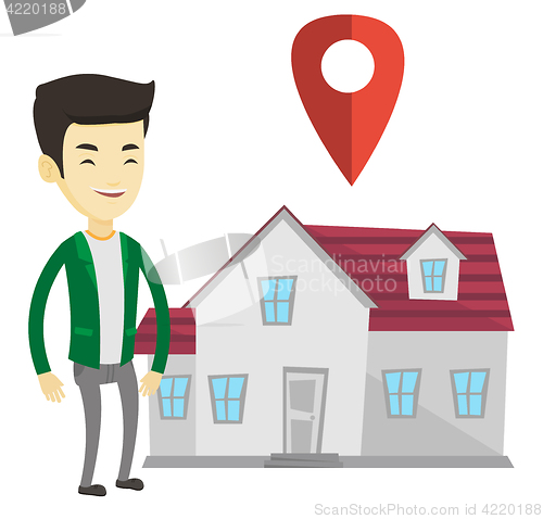 Image of Realtor on background of house with map pointer.