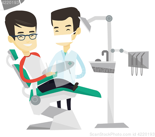 Image of Patient and doctor at dentist office.