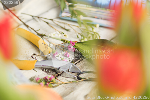 Image of The florist desktop with working tools on white background