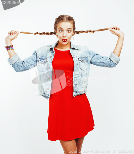 Image of young pretty teenager brunette girl happy smiling emotional posing on white background, lifestyle people concept