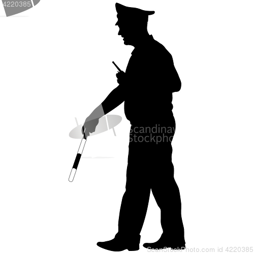 Image of Black silhouettes of Police officer with a rod on white background