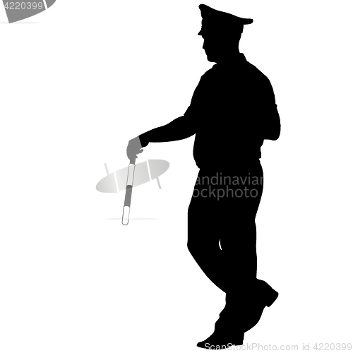 Image of Black silhouettes of Police officer with a rod on white background