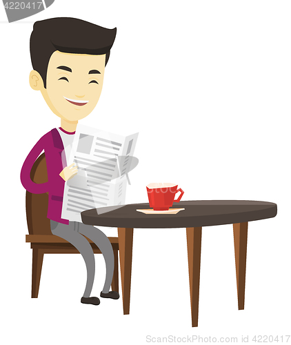 Image of Man reading newspaper and drinking coffee.