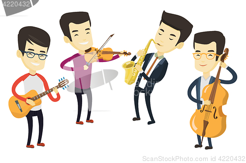 Image of Band of musicians playing on musical instruments.