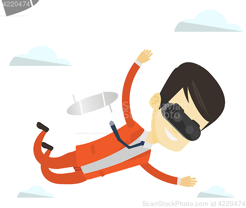 Image of Businessman in vr headset flying in the sky.