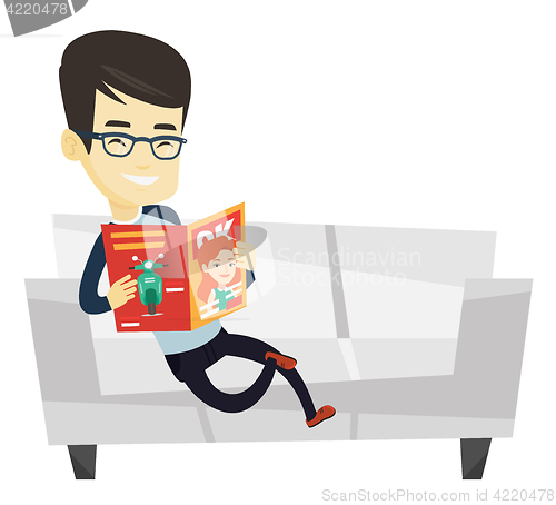 Image of Man reading magazine on sofa vector illustration