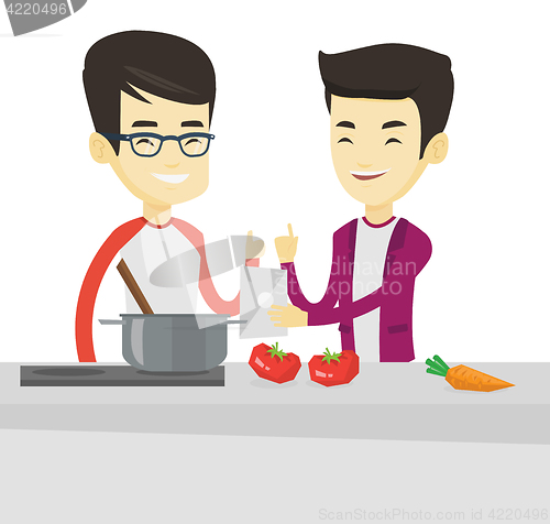 Image of Men cooking healthy vegetable meal.