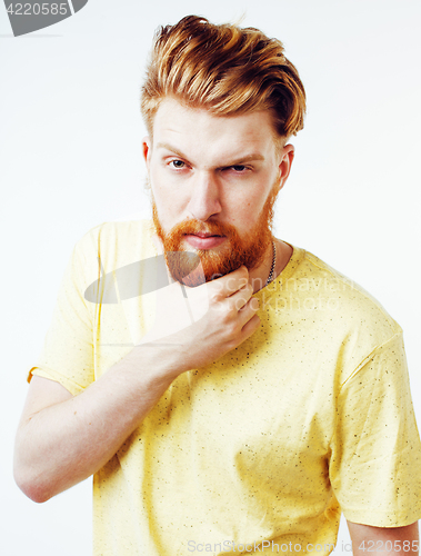 Image of young handsome hipster ginger bearded guy looking brutal isolated on white background, lifestyle people concept