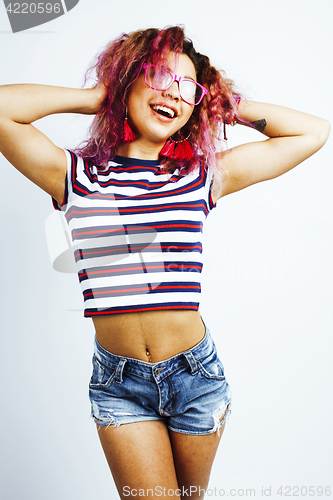 Image of young cute mixed races girl teenage posing cheerfull on white background isolated, happy smiling lifestyle people concept