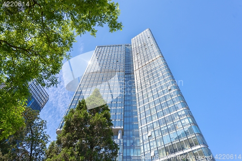 Image of Large skyscrapers under blue sky