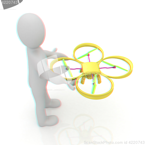 Image of 3d man with drone, quadrocopter, with photo camera. 3d render. 3