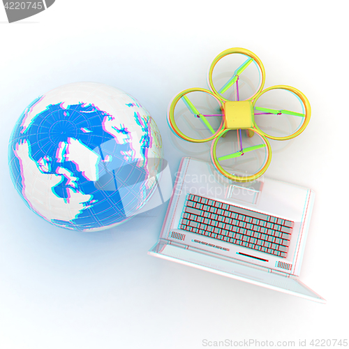 Image of Drone or quadrocopter with camera with laptop. Network, online, 