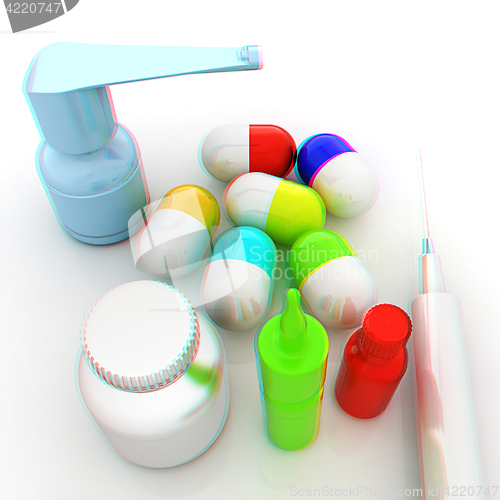 Image of Syringe, tablet, pill jar. 3D illustration. Anaglyph. View with 