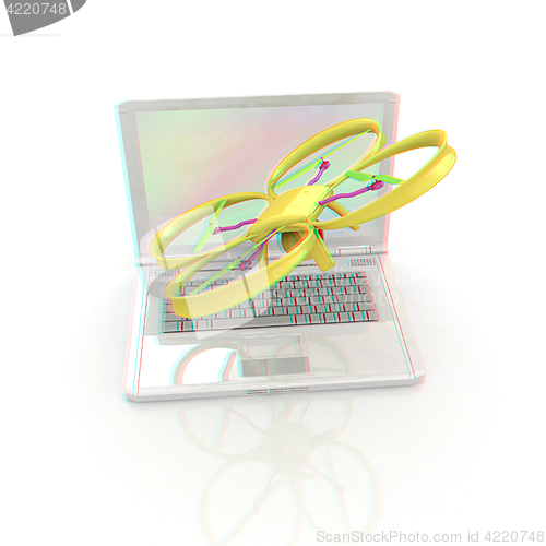 Image of Drone and laptop. 3D render. Anaglyph. View with red/cyan glasse