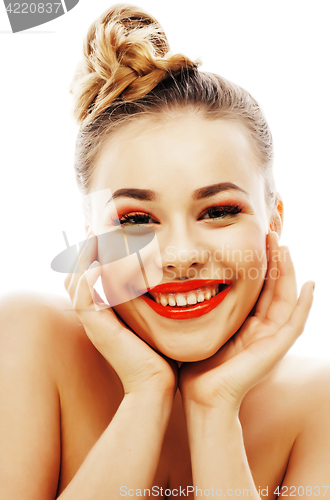Image of young stylish woman with fashion make up and hairstyle isolated on white posing red lipstick elegant spa 