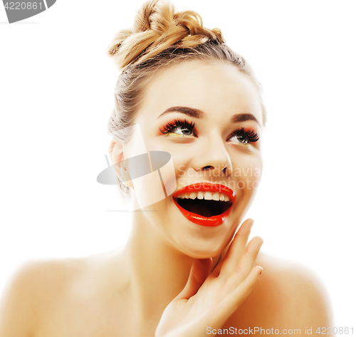 Image of young stylish woman with fashion make up and hairstyle isolated on white posing red lipstick elegant spa 